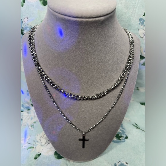 Stainless Steel Necklaces Cuban Link Chain Silver Layered Cross Pendant - Picture 2 of 6